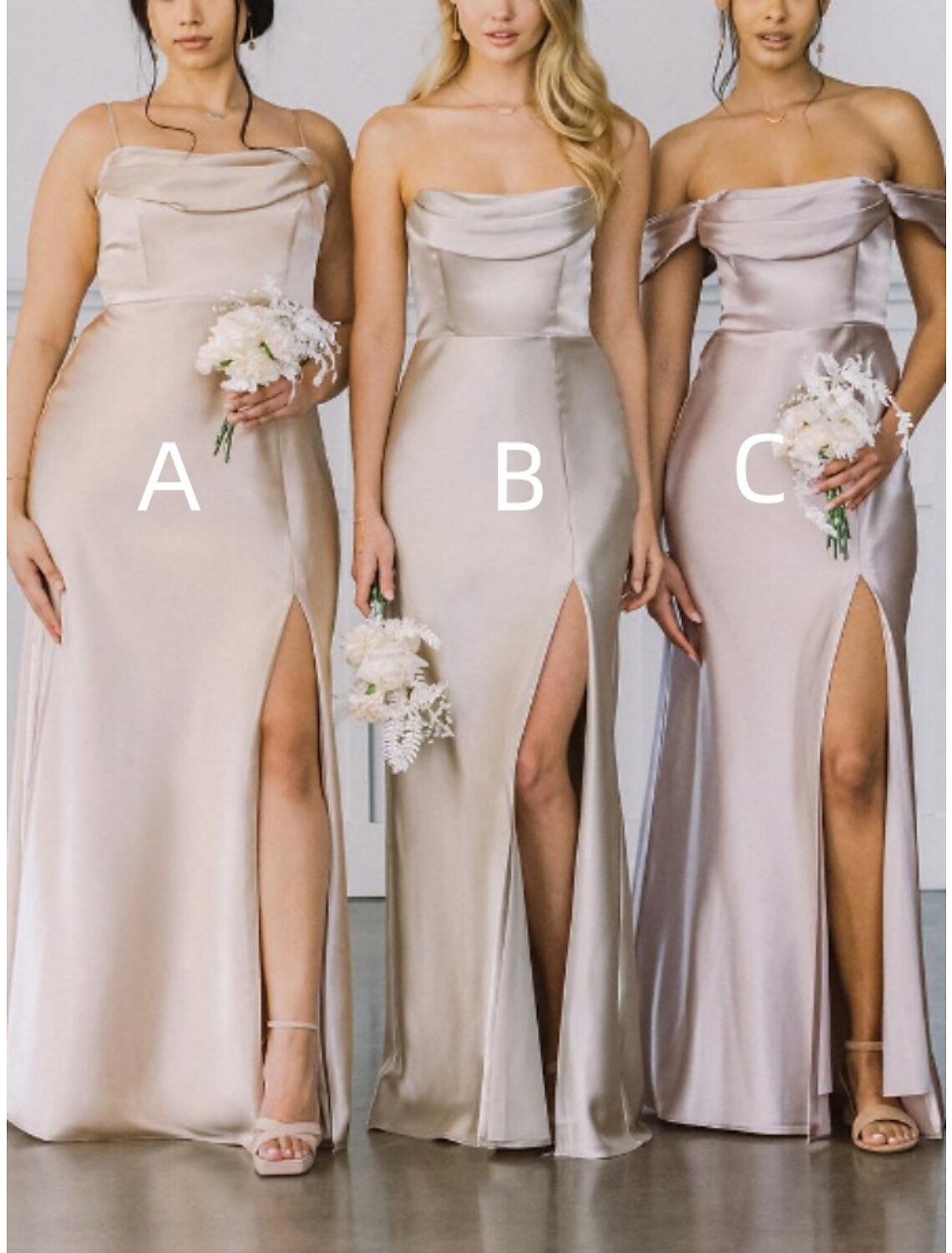 Wholesale A-Line Bridesmaid Dress Spaghetti Strap / Strapless / Off Shoulder Sleeveless Elegant Floor Length Stretch Satin with Split Front / Ruching